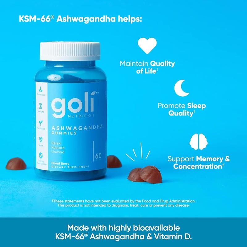 Goli Ashwagandha & Vitamin D Gummies – Berry Blend, KSM-66, vegan, plant-based, non-GMO, gluten-free, and gelatin-free.