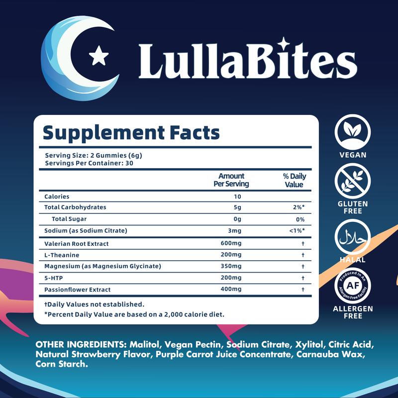 LullaBites Natural Sleep Gummies – 30 Servings – Sweet Strawberry Stars (melatonin-free) 