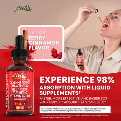 Cayenne pepper supplement, liquid drops + hawthorn berries, vitamin D3 and K2, organic beetroot root powder, Ceylon cinnamon, turmeric curcumin, Panax ginseng