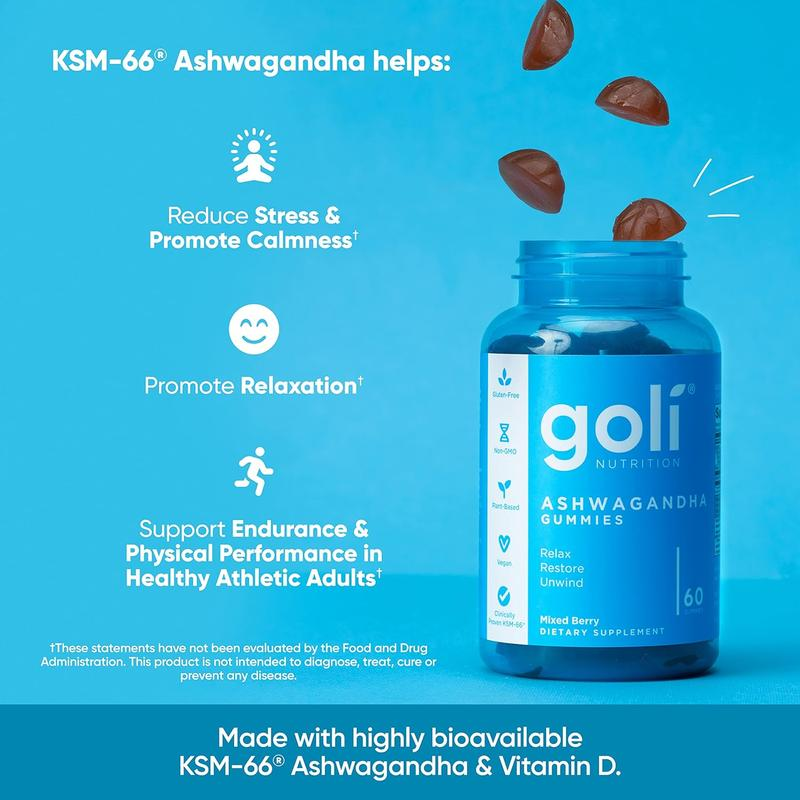Goli Ashwagandha &amp; Vitamin D Gummies – Berry Blend, KSM-66, vegan, plant-based, non-GMO, gluten-free, and gelatin-free. 