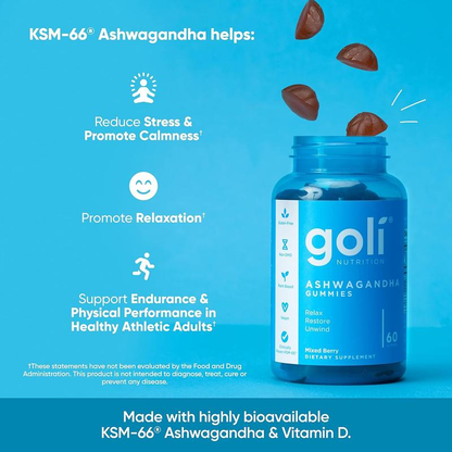 Goli Ashwagandha &amp; Vitamin D Gummies – Berry Blend, KSM-66, vegan, plant-based, non-GMO, gluten-free, and gelatin-free. 