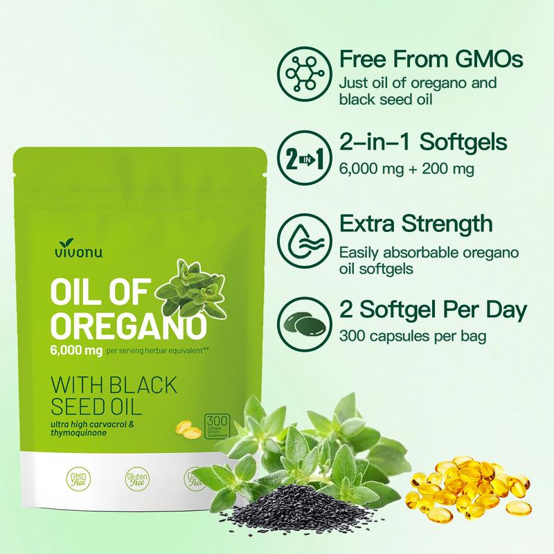 Oregano Oil with Black Seed Oil (300 Capsules) | Natural Antioxidants | Nutrient Support | Highly Effective Herbal Supplement 