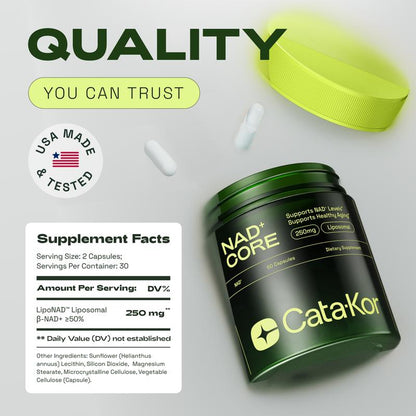 Cata-Kor 250 mg – NAD+ Supplement to Support Skin Aging, for More Energy and Focus – 60 Caplets – Vitamin &amp; Wellness Supplement, Edible 