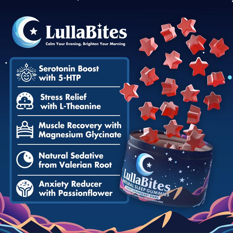 LullaBites Natural Sleep Gummies – 30 Servings – Sweet Strawberry Stars (melatonin-free) 