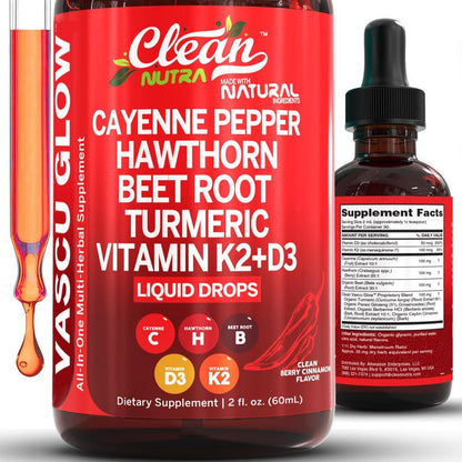 Cayenne pepper supplement, liquid drops + hawthorn berries, vitamin D3 and K2, organic beetroot root powder, Ceylon cinnamon, turmeric curcumin, Panax ginseng