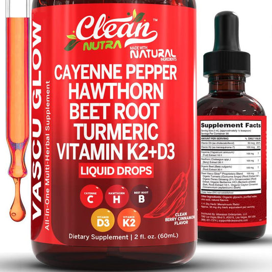 Cayenne pepper supplement, liquid drops + hawthorn berries, vitamin D3 and K2, organic beetroot root powder, Ceylon cinnamon, turmeric curcumin, Panax ginseng