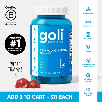 Goli Ashwagandha &amp; Vitamin D Gummies – Berry Blend, KSM-66, vegan, plant-based, non-GMO, gluten-free, and gelatin-free. 