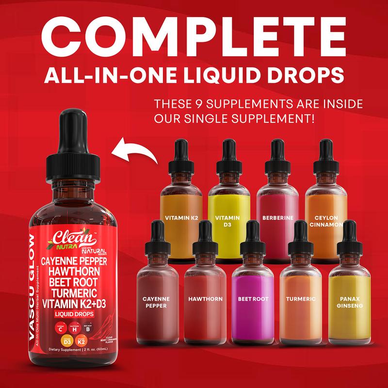 Cayenne pepper supplement, liquid drops + hawthorn berries, vitamin D3 and K2, organic beetroot root powder, Ceylon cinnamon, turmeric curcumin, Panax ginseng