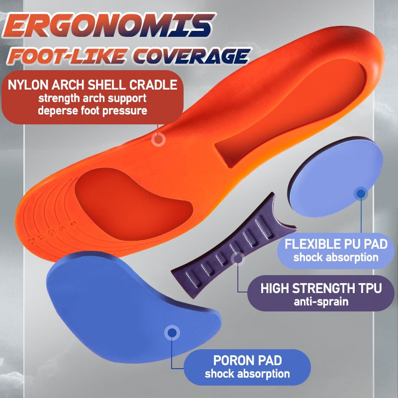 Shock-absorbing orthopedic sports shoe insoles