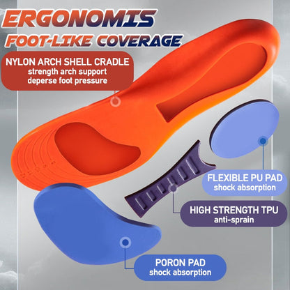 Shock-absorbing orthopedic sports shoe insoles